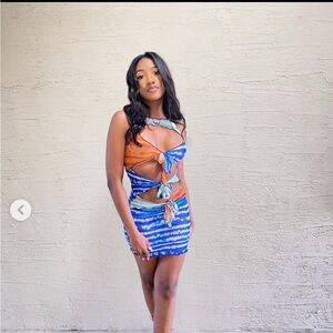 Stylish mesh Tie-Dye Mini dress /cover up - Blue and Orange